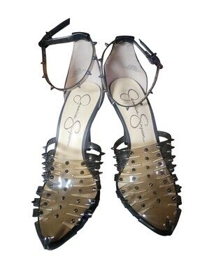 Jessica Simpson Westah Women's Studded Black Pointed Ankle-Strap Spiked Heels